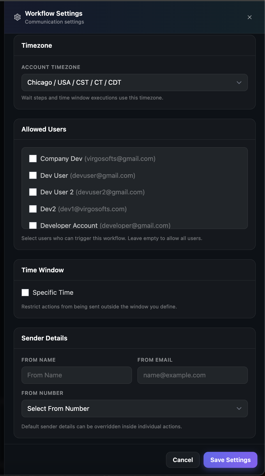 Workflow Settings modal with Timezone, Allowed Users, Time Window, and Sender Details